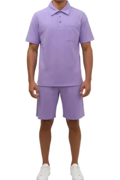 Stacy Adams - Lavender Geometric Jacquard Pattern Polo Short Set