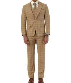 Stacy Adams - 3 Piece Hybrid Fit Glen Plaid Suit in Taupe