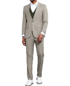 Stacy Adams - 3 Piece Suit Glen Plaid Hybrid Fit in Beige