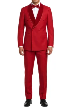 Stacy Adams - Red 2-Piece Hybrid Fit Double Breasted Shawl Velvet Lapel Tuxedo