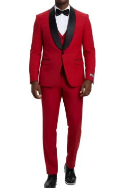 Stacy Adams - Red 3 Piece Hybrid Fit Tuxedo Satin Shawl Lapel