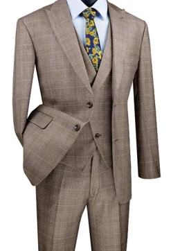 Tan Modern Fit Glen Plaid 2 Button Peak Lapel 3 Piece Suit