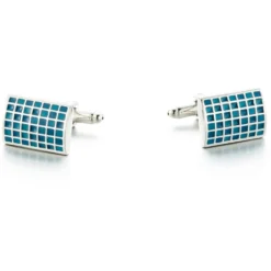 Teal Blue Checkered Engraved Cufflinks