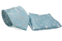 Teal White Paisley Pattern Men's Tie and Pocket Square Set