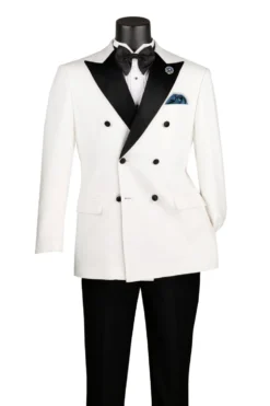 Textured Modern Fit White 2 Piece Double Breasted Tuxedo