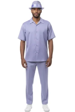 Textured Jacquard Short Sleeve Walking Suit - Lilac