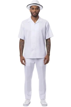 Textured Jacquard Short Sleeve Walking Suit - White