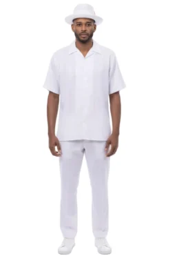 Tonal Jacquard Short Sleeve Walking Suit - White