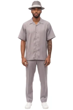 Tonal Jacquard Short Sleeve Walking Suit - Gray