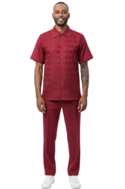 Tone-on-Tone Jacquard Short Sleeve Walking Suit - Burgundy