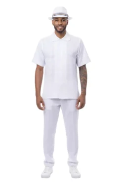 Tone-on-Tone Jacquard Short Sleeve Walking Suit - White