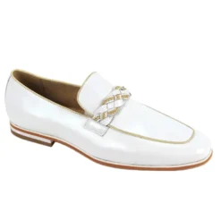 Tudor Collection - White Leather Moc-Toe Woven Strap Dress Shoe