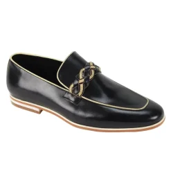 Tudor Collection - Black Leather Moc-Toe Woven Strap Dress Shoe