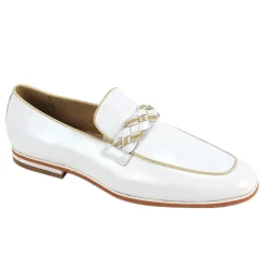 Tudor Collection - White Leather Moc-Toe Woven Strap Dress Shoe
