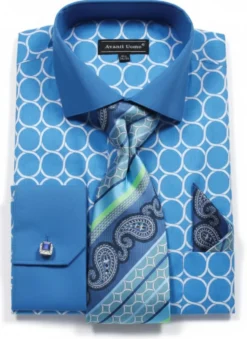 Turquoise Circle Print French Cuff Dress Shirt Set