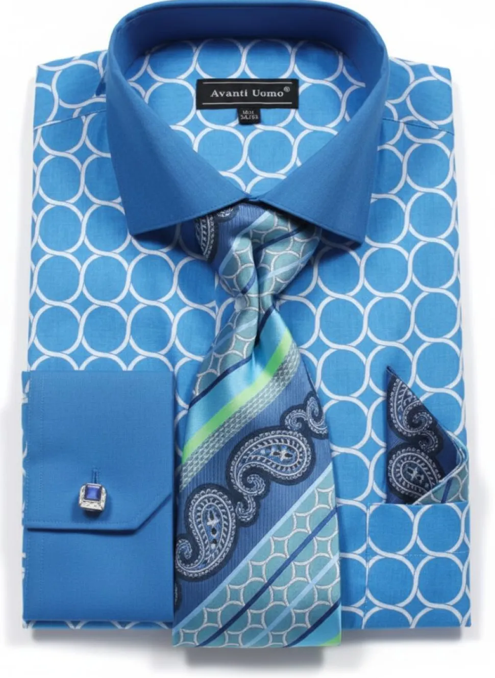 Turquoise Circle Print French Cuff Dress Shirt Set