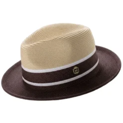 Two-Tone Braided Pinch Fedora With Ribbon - Beige/Brown