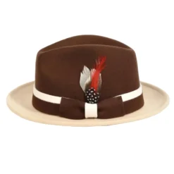 Two-Tone Brown/Beige Wool Felt Fedora with Band and Ribbon