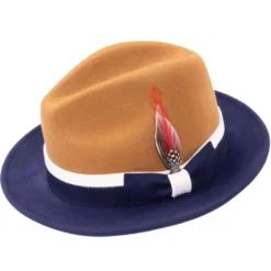 Two-Tone Cappuccino/Navy Wool Felt Fedora with Band and Ribbon
