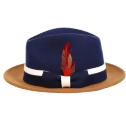 Two-Tone Navy/Cappuccino Wool Felt Fedora with Band and Ribbon