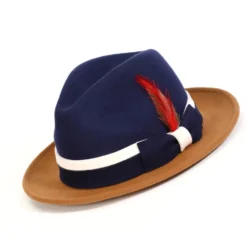 Two-Tone Navy/Cappuccino Wool Felt Fedora with Band and Ribbon