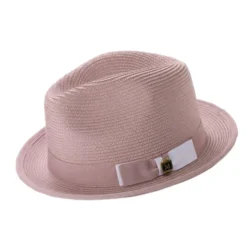 Two-Tone Ribbon Stingy Brim Pinch Braided Fedora - Blush/White