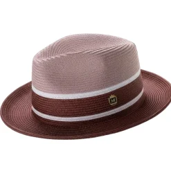 Two-Tone Braided Pinch Fedora With Ribbon - Blush/Burgundy