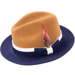 Two-Tone Cappuccino/Navy Wool Felt Fedora with Band and Ribbon