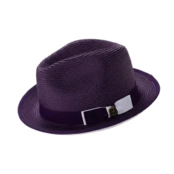 Two-Tone Ribbon Stingy Brim Pinch Braided Fedora - Purple/White