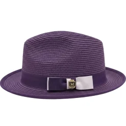 Two-Tone Ribbon Stingy Brim Pinch Braided Fedora - Purple/White