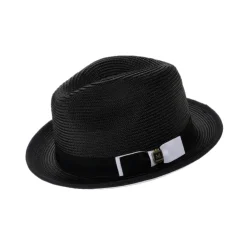 Two-Tone Ribbon Stingy Brim Pinch Braided Fedora - Black/White