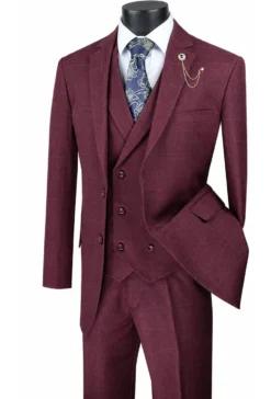Venetian Collection - Burgundy Regular Fit Glen Plaid 2 Button 3 Piece Suit