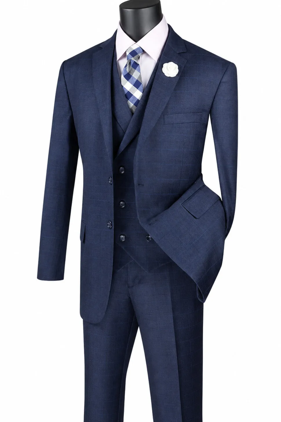 Venetian Collection - Navy Regular Fit Glen Plaid 2 Button 3 Piece Suit