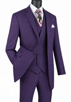 Venetian Collection - Purple Regular Fit Glen Plaid 2 Button 3 Piece Suit
