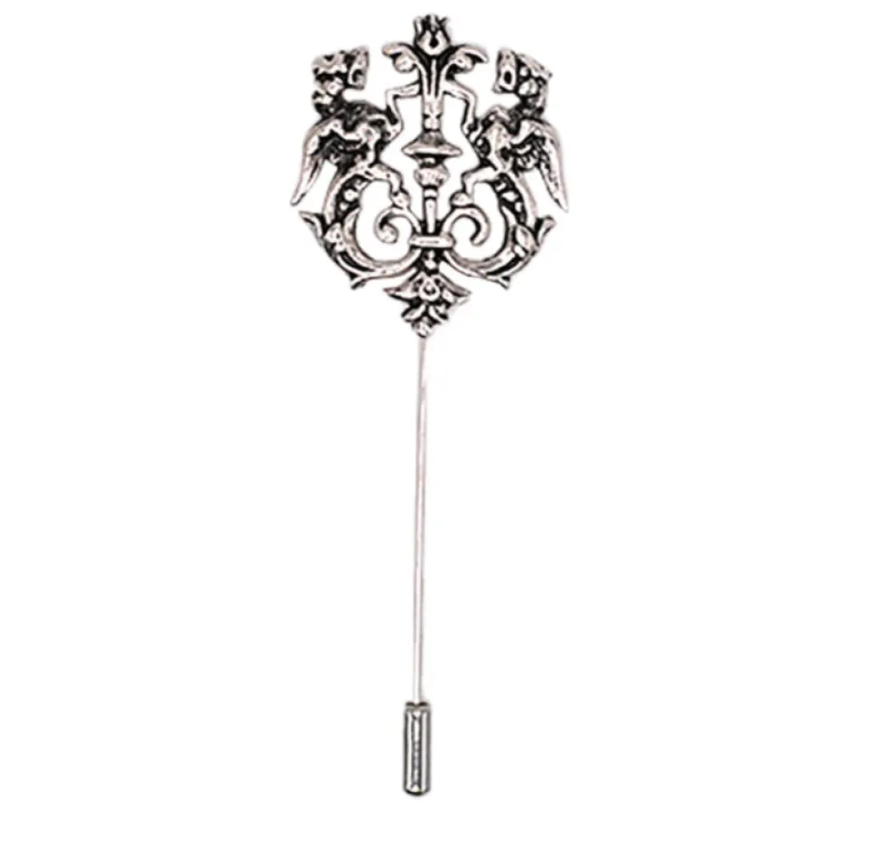 Vintage Black Silver Hollow Double Lion Lapel Pin