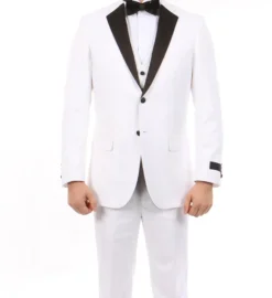 White Modern Fit Tuxedo 3 Piece with Black Lapel 6 Button Vest