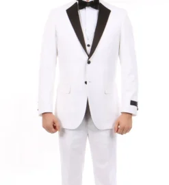 White Modern Fit Tuxedo 3 Piece with Black Lapel 6 Button Vest