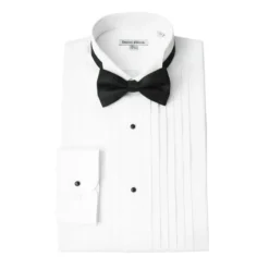 White Regular Fit Half-Inch Pleated Tuxedo Shirt with Bow Tie