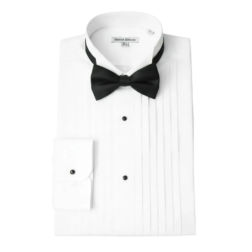 White Regular Fit Half-Inch Pleated Tuxedo Shirt with Bow Tie