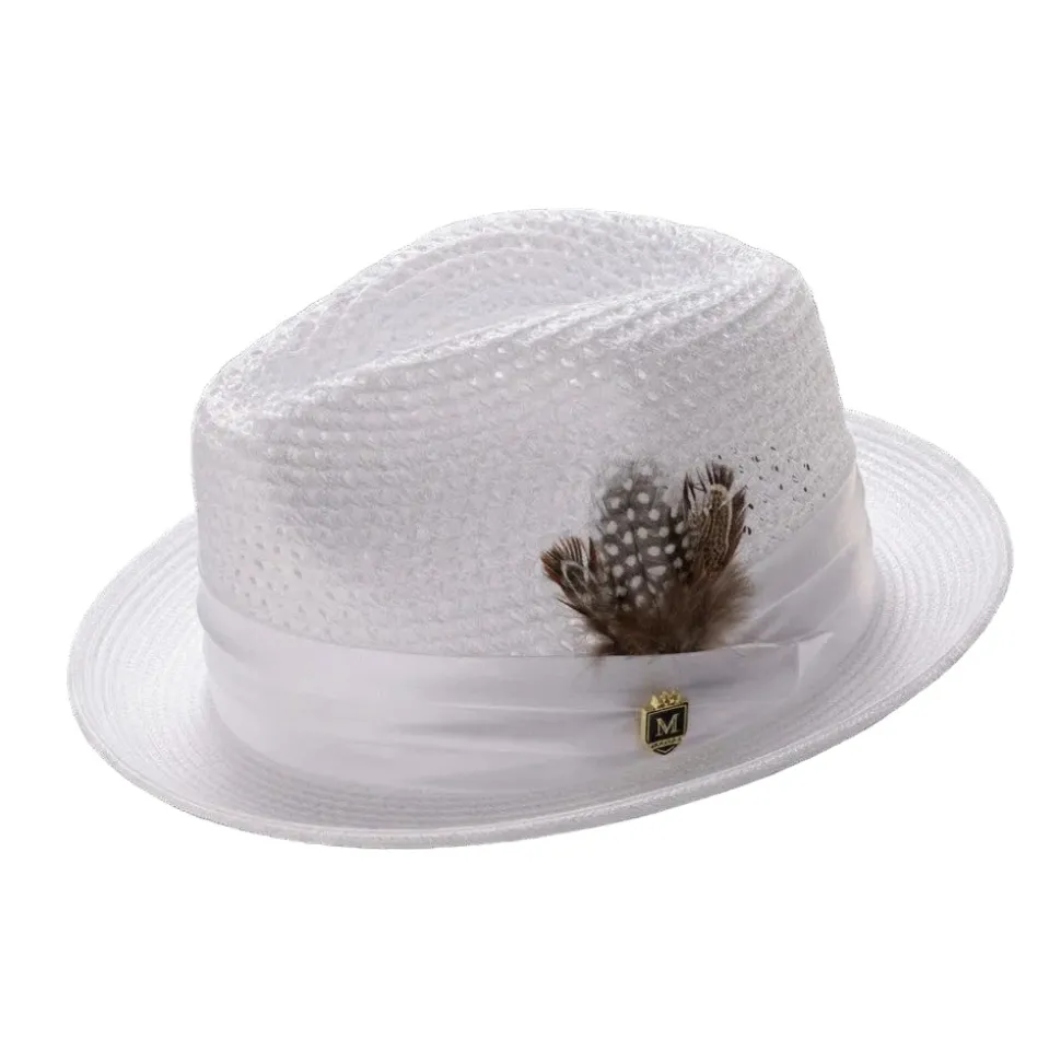 White Solid Color Pinch Braided Fedora With Matching Satin Ribbon