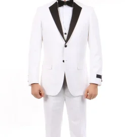 White Modern Fit Tuxedo 3 Piece with Black Lapel 6 Button Vest