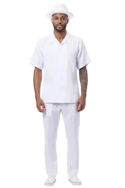 White Wave Embroidery Short Sleeve Walking Suit