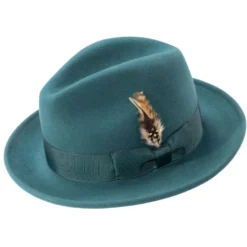 Wool Felt Fedora Pinch Front with Feather Accent in Emerald