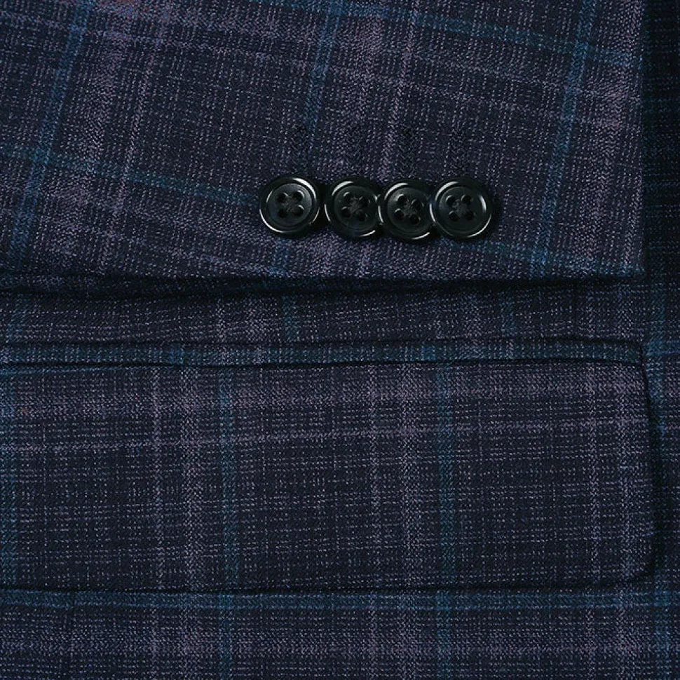 Wool Blend Regular Fit Stretch Checked Blazer in Navy