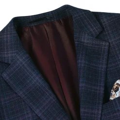 Wool Blend Regular Fit Stretch Checked Blazer in Navy