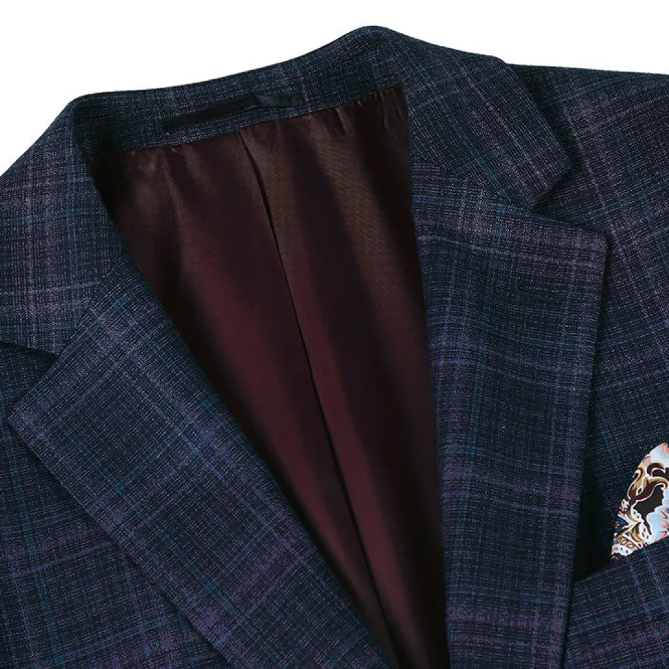 Wool Blend Regular Fit Stretch Checked Blazer in Navy