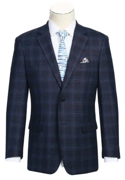 Wool Blend Regular Fit Stretch Checked Blazer in Navy