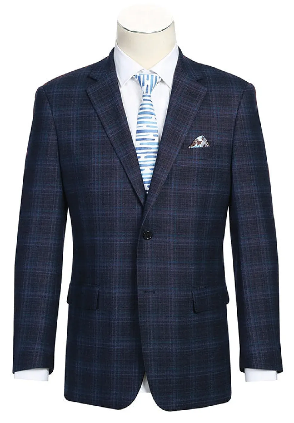 Wool Blend Regular Fit Stretch Checked Blazer in Navy