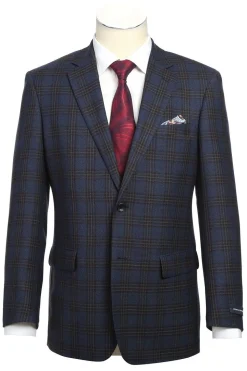 100% Wool Regular Fit 2 Button Sports Coat In Navy Plaid