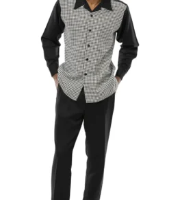 (3XL) Black Mini-Checkered 2 Piece Long Sleeve Walking Suit Set
